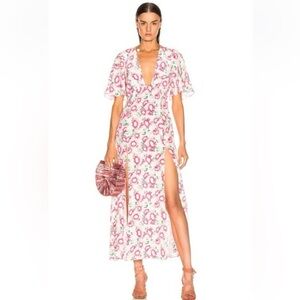 NWOT LES REVERIES Deep Neck Petal Sleeve Dress, 
Pink Daisy White Size 4